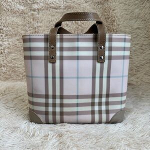 Burberry Plaid Nova Check Small Tote Handbag - Taupe and Candy Pink - Silver HW
